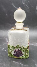 Vtg Beautiful Jeweled Metal Floral Jacket Frosted Glass Empty Perfume Bottle picture