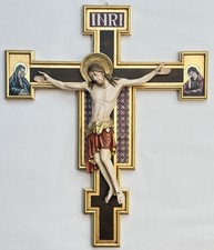 Large Crucifix PEMA Woodcarvings Vintage Hand Carved Painted Wood Jesus Cross picture