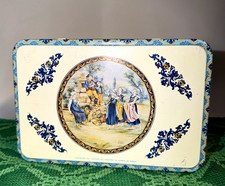 Côte d'Or Rectangular Hinged Tin Box w/ Lid White Blue Floral Country Scene picture
