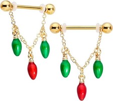 14G Piercing 18KYellow Gold Over Red Green Enamel Christmas Bulb Nipple Ring Set picture