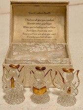 VTG Hand Crafted Clear Art Glass Praying Angels with Gold Halos Figurines w/Case picture
