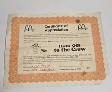 Vintage 1988 Mcdonalds Employee Certificate Of Appreciation St.cloud Florida picture