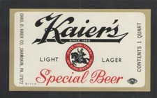 KAIERS LIGHT LAGER SPECIAL BEER 1 QT LABEL SHAMOKIN PA { VINTAGE UNUSED } picture