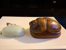 Two Egyptian Scarab Style Dung Beetle Stones: One Large; One with Hieroglyphs picture