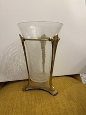 VTG Dessau Lacquered Solid Brass Crackle Glass Vase India 10inches MCM picture