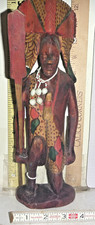 Vtg Hand-Carved Wood Multi-Color MAASAI Warrior Figurine-Spear & Beads ~12