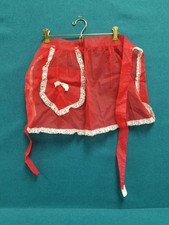 VTG Half Tie Apron Red Sheer Organza w/ White Lace & Bow Pocket USA Made picture