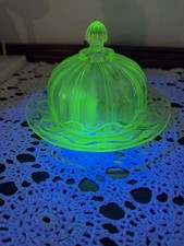U S Glass Co Butter Cheese Dish & Lid Green Vaseline c1920s Antique picture