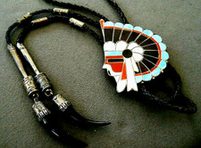 Wow Native American Zuni MultiStone Inlay Sterling Silver Chief Bolo Tie Pendant picture