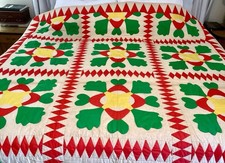 Antique Handmade Quilt Red Green Yellow Floral Clover Farmhouse Primitive Folk picture