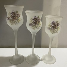 Vtg PartyLite Frosted Purple Violets Tealight Candle Holders Set Of 3 Glass picture