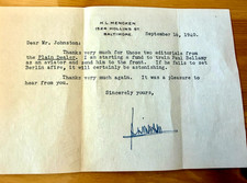 Typewritten Letter Signed by H. L. (Henry Louis) Mencken in 1940 w/ COA picture