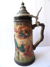 Zoller and Born Hand Painted Embossed Beer Stein Thumb Lift Handle Germany picture