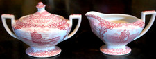 Antique SUGAR & CREAMER SET Crown Ducal England 'Colonial Times' PINK SCALLOPED picture
