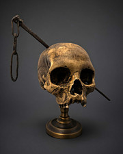 Mounted Human Skull Reproduction with Long Iron Spike and Chain (Boppard Skull) picture