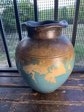 Vtg Umber Teal Glazed Pottery Jug~World Map Primitive Mexico Folk Art 10” picture