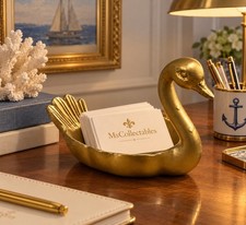 Vintage Gold Swan Figurine Business Card Holder Swan Trinket Dish Catchall GIFT picture