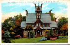 Postcard William Wrigley Jr. Norwegian Building Lake Geneva Wisconsin c1928 (B4) picture