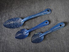 Vintage Blue Speckled Enamelware Tablespoon and 2 Teaspoons picture