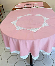 Vintage Set of Handmade Round Cotton Pink Tablecloth White Lace and 6 napkins picture