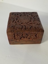 Wood Carved Trinket Box Lined Ornate Made In India Collectible Gift Jewelry picture