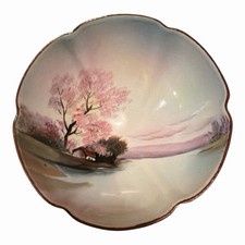Vintage Noritake Hand Painted Tri-Footed Bowl Cherry Blossom Landscape Japan M picture