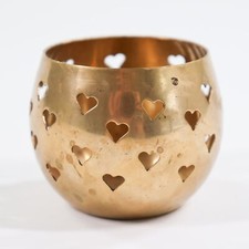 Vintage Heart Solid Brass Tea Light Candle Holder 3in Cutwork Cutouts Romantic picture