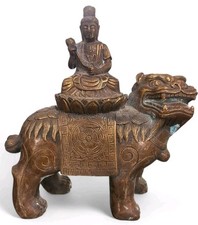Antique Quan Yin Riding Foo Dog Bronze Statue/Figurine-3