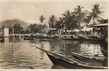 Trinidad Fish Market RPPC 1938 Waterfront Boats Palm Trees Vintage Postcard picture