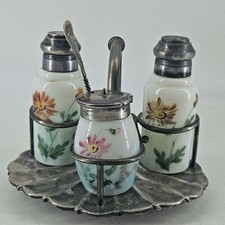 Vintage Wilcox Silverplate Hand Painted Glass Condiment Salt Pepper Shaker Set picture