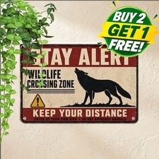 Wolf Warning Poster Howling Silhouette Metal Sign Retro Wildlife Decor 8x12 picture
