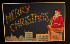 ~Silk Santa Claus on Chimney over City with Holly ~ Merry~Christmas Postcar~h911 picture