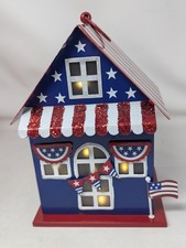 Cute Patriotic Americana July 4th Red/White/Blue Metal Lighted House Glitter  picture