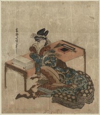 Photo:Japan 1820s Courtesan Holding Tanzaku Ukiyo-e Woodblock Print picture
