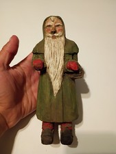 Old World Santa Folk Art Carved Wood Forest Green Figurine w/ Beard Signed Dolly picture