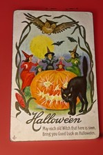 Vintage Stecher Halloween Postcard Witches JOL Black Cat Owl Bats 216 D Embossed picture