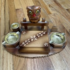 Hand Craved MCM Vintage German Smoking Stand Wise Owl Tobacciana Cigarette Box picture