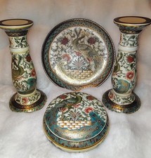 Vintage Asian Cloisonne Enamel Set: candle holders, trinket box & lid and plate  picture