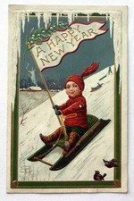 VTG 1910 New Year Postcard BOY SLEIGHING DOWN HILL Embossed Germany Artist: Wall picture