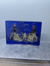 Vintage Glass Blue And Gold Religious Holy Family Paperweight By Roman Inc picture
