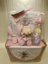 Precious Moments Baby Gift Set Basket  Bottle Rattle Bibs Pillow 2005 New picture