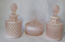 Vtg Vanity Set Duncan&Miller Art Glass Hobnail Pink Powder & Perfume Bottles picture