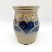 Rowe Pottery Works Open Crock Blue Heart 1989 Salt Glaze 6-1/2