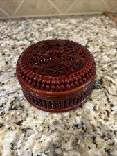 Vintage Red Tone Lacquered Bamboo Tea Basket Trinket Box picture