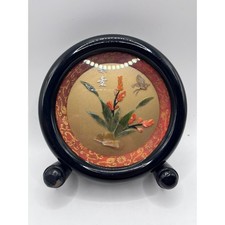 Vintage Chinese Jade Stone Relief Floral Butterfly Tabletop Art Plaque Frame picture