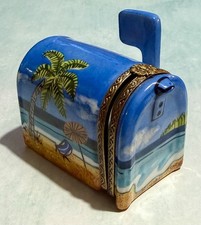 LIMOGES FRANCE Porcelain Trinket Box MAILBOX & BEACH SCENE TROPICAL COCKTAIL picture