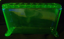 VTG Fostoria 1920s Uranium Green Depression Glass Flower Frog Footed Box Vase picture