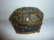 Antique AB Paris Repousse High Relief Jewelry Trinket Box Casket Tufted Interior picture