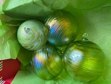 Hand Blown Art Glass Round Swirl Green Iridescent 4