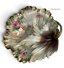 Antique RS Prussia Green/Red Wreath Mark Leaf / Floral Dish Bowl Gold Gilt READ picture